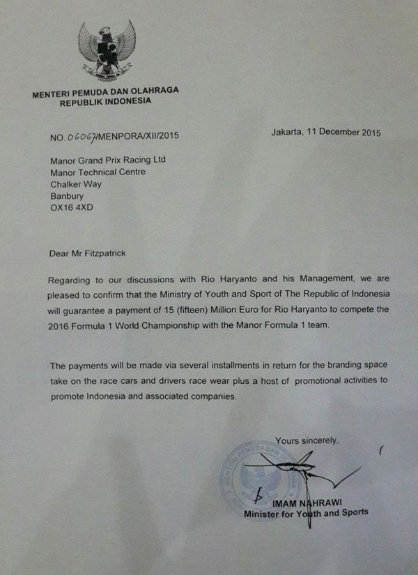 Menpora Jamin Rio Haryanto Bisa Tampil di F1