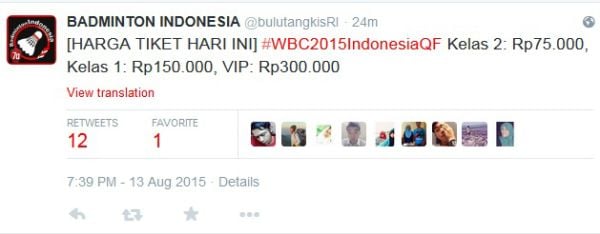 Harga Tiket Perempat Final Kejuaraan Dunia 2015 Turun