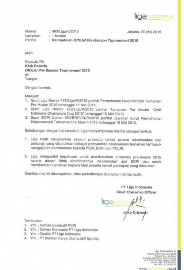 HOT NEWS: Emoh Koordinasi dengan Tim Transisi, PT Liga Batalkan QNB Indonesia Champions Cup 2015