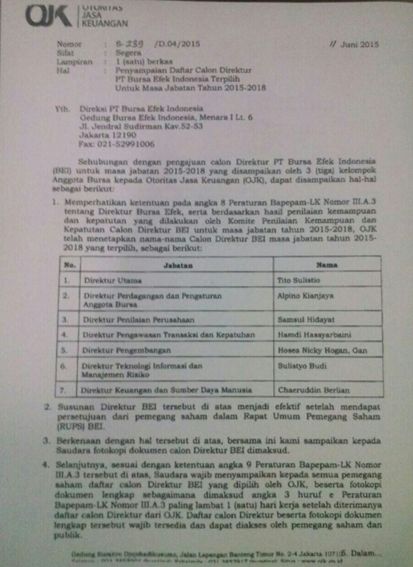 Ini Surat Resmi OJK soal Jajaran Direksi BEI yang Baru 