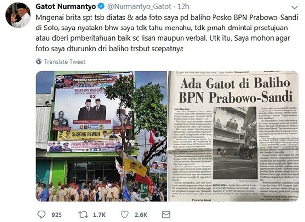 Foto di Baliho Prabowo-Sandi Bikin Gatot Nurmantyo Bereaksi