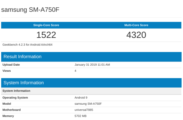 Samsung Galaxy A7 (2018) Terlihat Gunakan Android Pie di Geekbench
