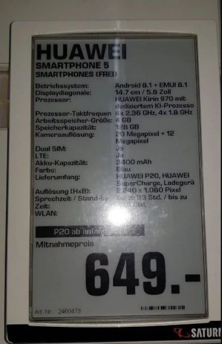 Spesifikasi Lengkap Huawei P20-P20 Pro Diungkap Peritel Jerman