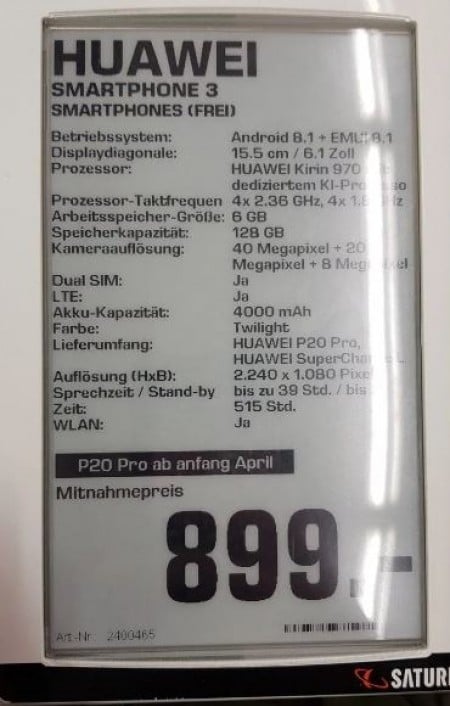 Spesifikasi Lengkap Huawei P20-P20 Pro Diungkap Peritel Jerman