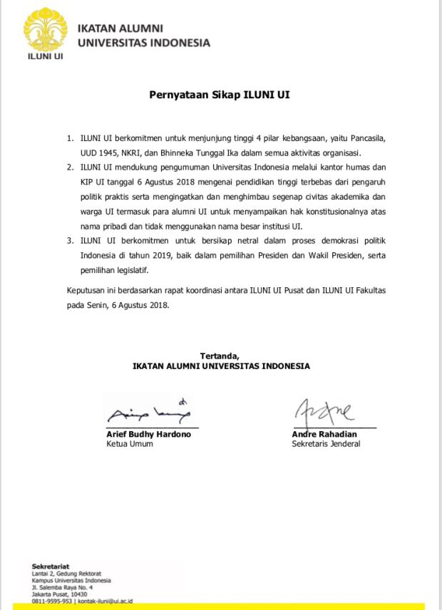ILUNI Sesalkan Sikap Ngabalin Seret UI ke Ranah Politik Praktis
