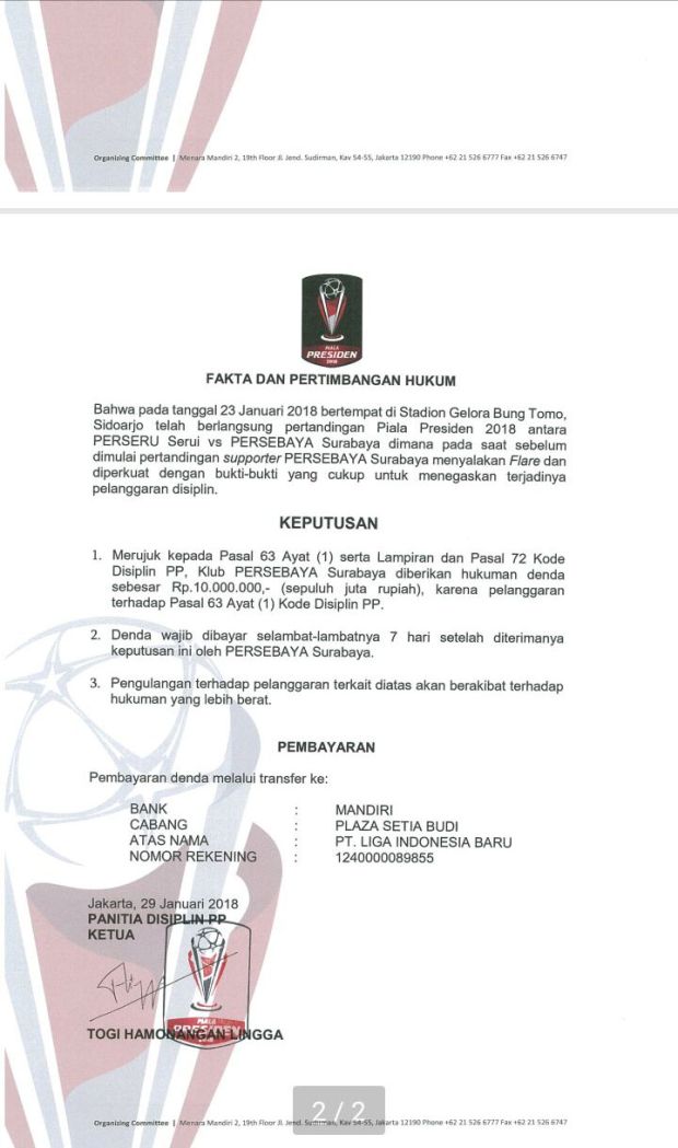 Persebaya Didenda Rp10 Juta, Panpel Grup C Sesalkan Kelakuan Suporter