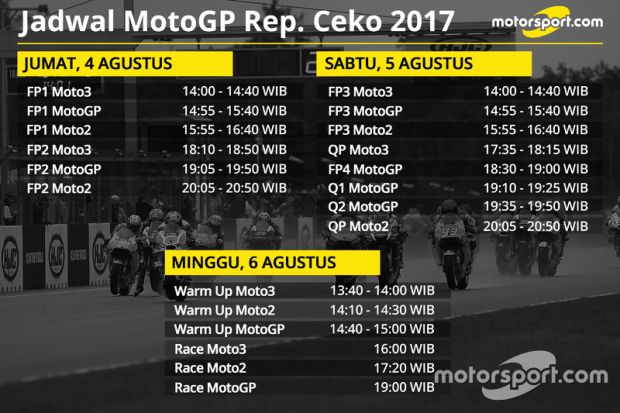 Infografis jadwal lengkap akhir pekan lomba MotoGP Brno 2017 di Republik Ceko. (Foto-Motorsport)