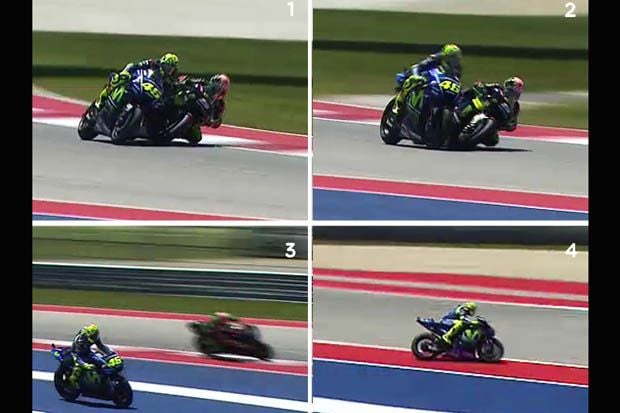 Insiden senggolan Valentino Rossi dengan Johann Zarco di lomba MotoGP Austin 2017. (Foto-media2give)