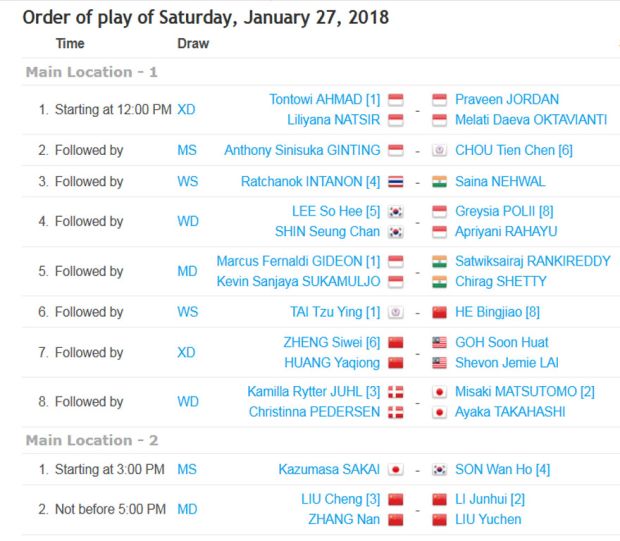 Jadwal Lengkap Semifinal Indonesia Masters 2018, Sabtu (27/1/2018)
