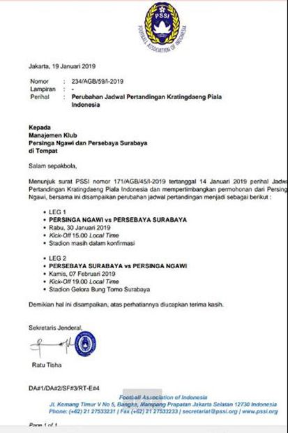 Persebaya VS Persinga Diundur, Ini Jadwal Terbaru Leg 1 dan 2