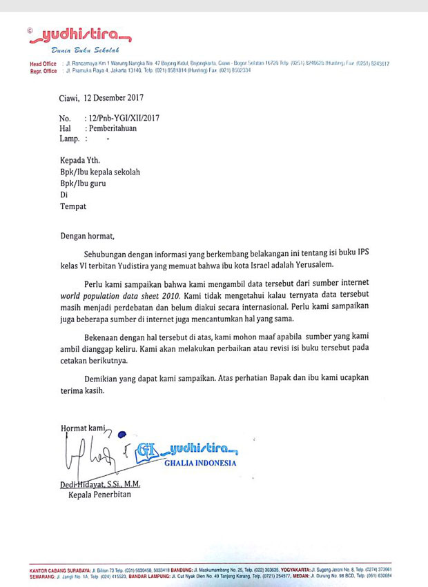Buku IPS Berisi Yerusalem Ibu Kota Israel, Penerbit Minta Maaf dan Siap Revisi