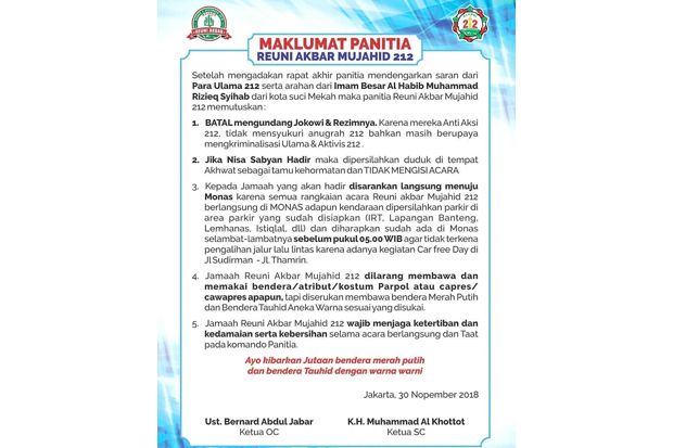 Keluarkan Maklumat, Panitia Reuni 212 Batal Undang Jokowi