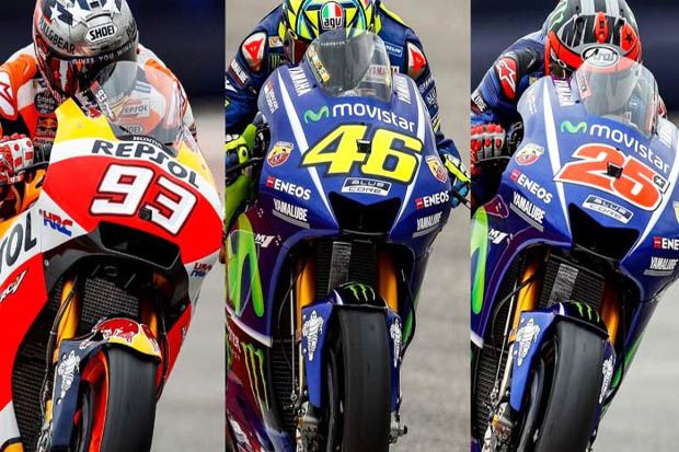 Marc Marquez (kiri) berusaha mempertahankan gelar dari Valentino Rossi dan Maverick Vinales (Yamaha Factory Racing) di MotoGP 2017. (Foto-motoweek.net)