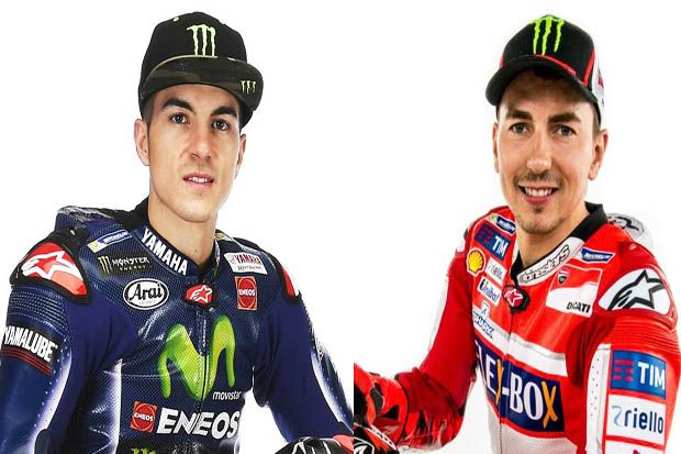 Maverick Vinales (kiri-Yamaha) dengan Jorge Lorenzo (Ducati) di MotoGP 2017. (Foto-klimg)
