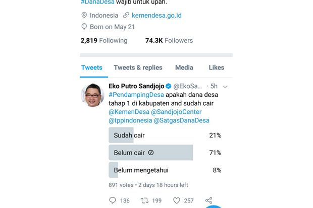 Menteri Eko Sandjojo Cek Dana Desa Lewat Twitter