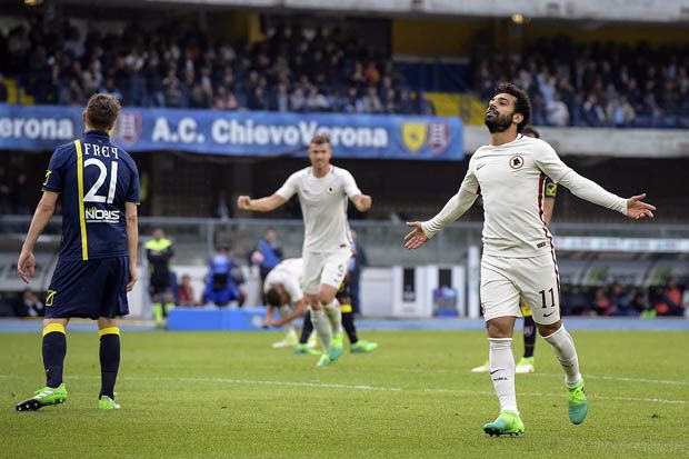 Mohamed Salah (AS Roma) merayakan golnya ke gawang Chievo. (Foto-AS Roma)