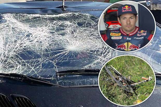 Nicky Hayden bersama sepeda dan mobil yang menabraknya. (Foto-express.co.uk)