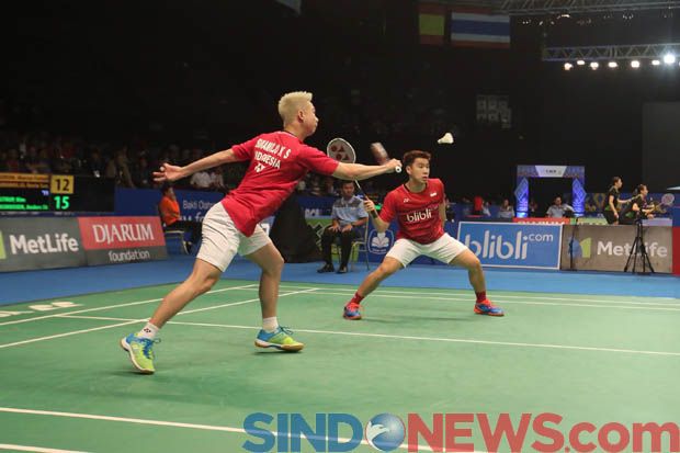 Pasangan ganda putra Indonesia Marcus Gideon-Kevin Sanjaya di babak pertama Indonesia Open 2017. (Foto-Sindonews-Isra Triansyah) (1) copy