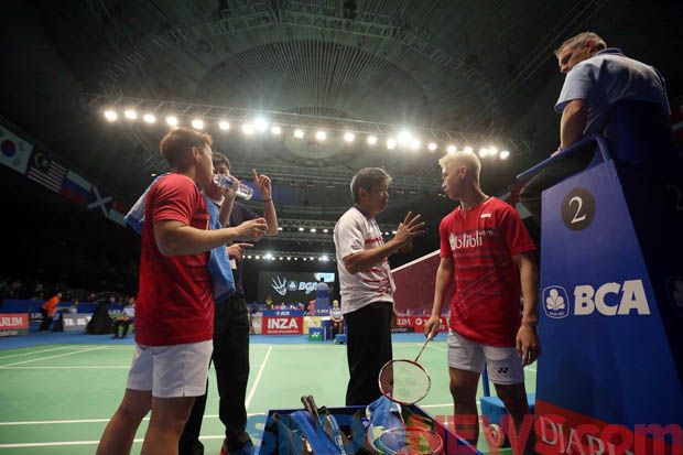 Pasangan ganda putra Indonesia Marcus Gideon-Kevin Sanjaya di babak pertama Indonesia Open 2017. (Foto-Sindonews-Isra Triansyah) (2) copy