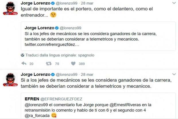 Perang cuitan Jorge Lorenzo dengan fans di Twitter soal hasil dan rekor MotoGP Qatar 2017. (Foto-GPOne)
