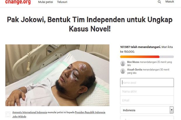 107 Ribu Orang Teken Petisi Dukung Tim Independen Kasus Novel