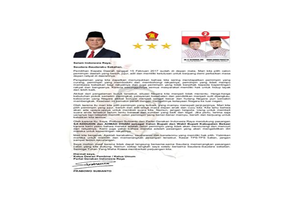 Prabowo Subianto Sampaikan Pesan agar Rakyat Bekasi Pilih Sa'duddin-Ahmad Dhani