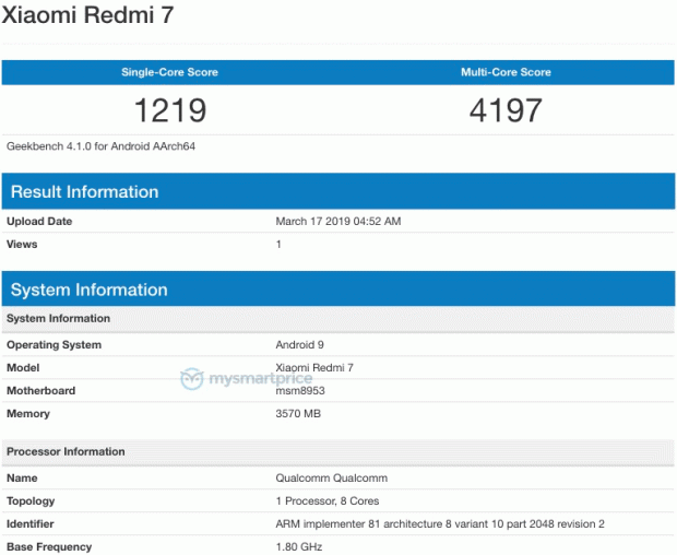 Hari Ini Dirilis, Redmi 7 Hadir di Geekbench dengan RAM 4 GB dan SD625