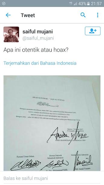 Beredar Kontrak Palsu Syariat Islam, Anies-Sandi: Ini Fitnah Lagi