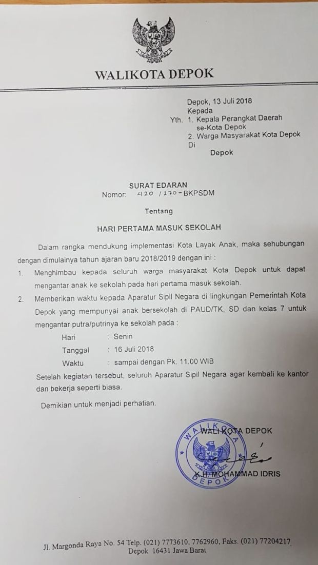 Hari Pertama Sekolah, ASN Depok Masuk Kantor Pukul 11.00 WIB