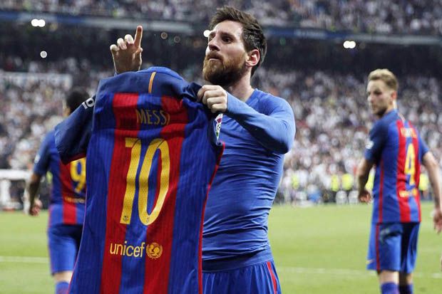 Selebrasi gol Lionel Messi ke gawang Real Madrid untuk Barcelona. (Foto-Mundo Deportivo)