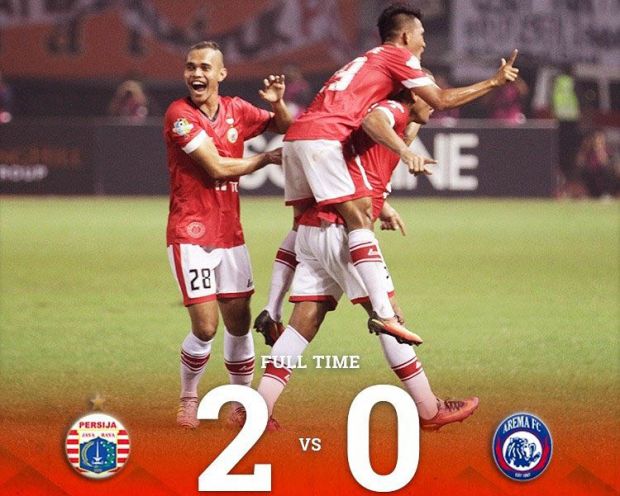 Selebrasi para pemain Persija Jakarta usai mencetak gol ke gawang Arema FC Malang di Liga 1 2017. (Foto-twitter)