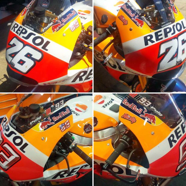 Striker mengenang mendiang Nicky Hayden terpampang di motor Marc Marquez serta Dani Pedrosa di tes Catalunya. (Foto-box repsol)