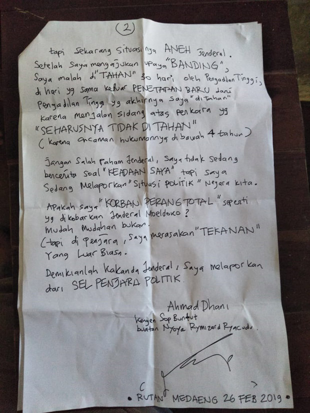 Beredar Surat Dhani ke Ryamizard, Ditutup Kalimat Kangen Sop Buntut