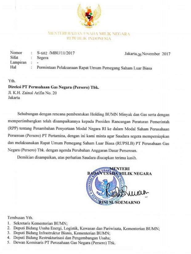 Ngebet Bentuk Holding BUMN Migas, Rini Minta PGN Gelar RUPSLB
