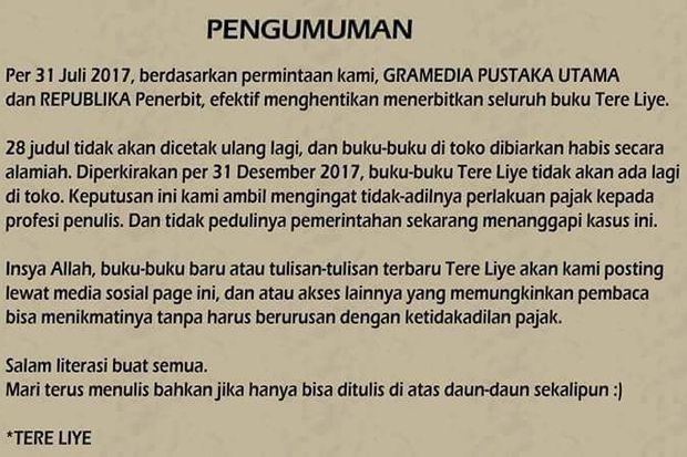 Pajak Ketinggian, Penulis Novel Tere Liye Putus Kontrak Penerbit