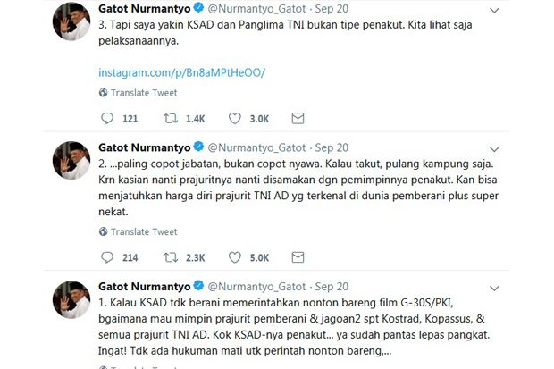 Gatot Nurmantyo Tantang KSAD Gelar Nobar Film G30S PKI
