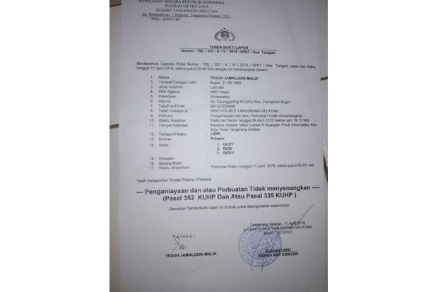 Diduga Dianiaya, Mahasiswa Unpam Laporkan Dosen ke Polisi