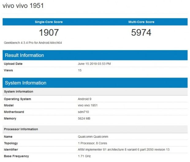 Vivo 1951 Muncul di GeekBench dengan Snapdragon 710 dan RAM 6 GB