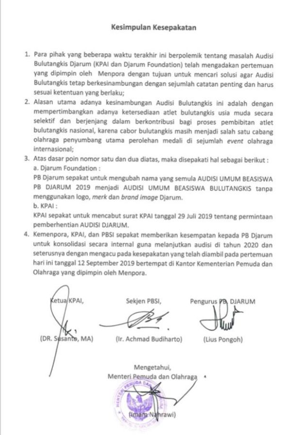 Damai, PB Djarum Sepakati Ubah Brand Image, KPAI Cabut Penghentian Audisi Bulu Tangkis
