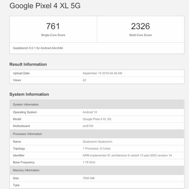 Muncul di GeekBench, Google Pixel 4 XL 5G Punya RAM 8 GB dan SD855