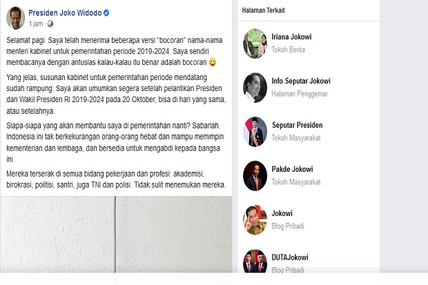 Empat Hari Jelang Dilantik, Jokowi Umumkan Kabinet Rampung