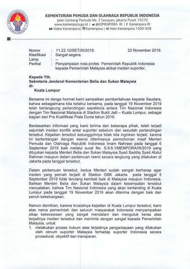 Kemenpora Tuntut Malaysia Minta Maaf dan Minta PSSI Laporkan ke FIFA