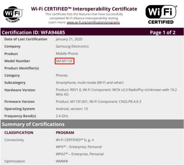 WiFi Alliance Sertifikasi Samsung Galaxy M11, M31, dan A11