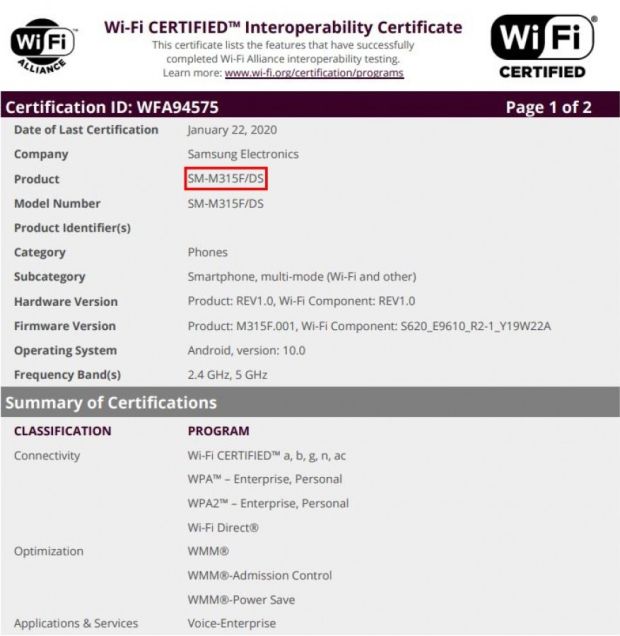 WiFi Alliance Sertifikasi Samsung Galaxy M11, M31, dan A11