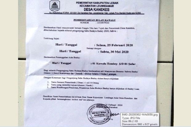 Ritual Kawalu, Kawasan Wisata Adat Baduy Dalam Ditutup 3 Bulan