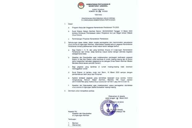 Cegah Penyebaran Corona, Pegawai Kemenhan Diminta Kerja dari Rumah